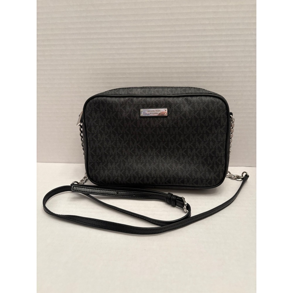 Michael Kors Jet Set East West Crossbody Bag Black‎ Grey Monogram Logo Silver HW